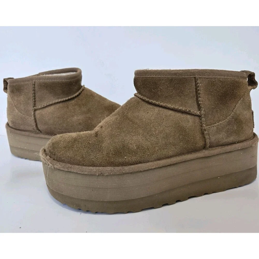 Ugg Boots Womens Size 7 Classic Ultra Mini Platform Burnt Cedar Suede Ankle